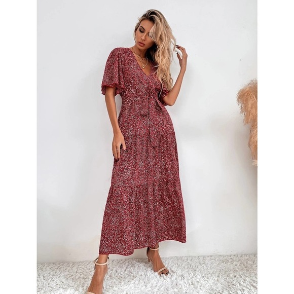 polka dot Short Sleeve Ruffle Hem Belted maxi Dress red - Picture 5 of 6